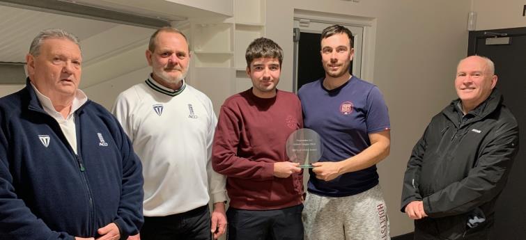 Billy Clarke and Karl Davies receive the Spirit of Cricket award from umpires Chris Stapleton, Jon Willington and Rob Bellerby.